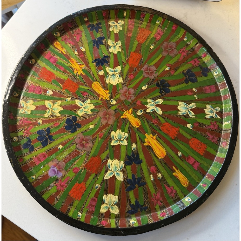Large Cottagecore Hand Painted Decorative Wall Hanging Tray Colorful Flora 70's